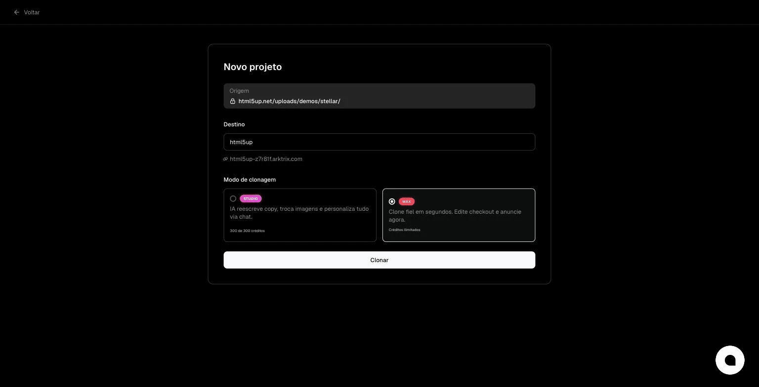 Tela Novo projeto da Arktrix com a escolha entre os modos Studio e Max